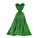 Light Luxury Famous Lady High Sense Sleeveless Knitted Dress Girl Summer Folds Splicing To Repair The Royal Sister Temperament Long
