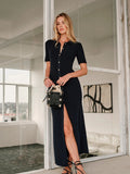 Summer New Women's Fashion Temperament Collar Single-Dcupuncture Dress Retro Knitted Long Dress