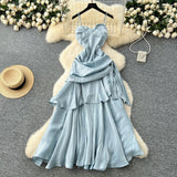 French Goddess Fan Design Sense Square Neck Sling Sling Sling Folds To The Waist Lotus Leaf Dress Girl Dress Dress