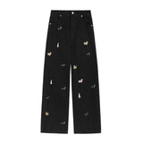 Cartoon Puppy Embroidered Fashion Casual Jeans Men's Fashion Spring Couple Straight Trousers Loose Niche Casual Trousers