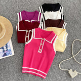 Minimalist Style Striped Knitted Sleeveless Vest Women's Summer Collar Slimming Design Chic Beautiful Little Man Top