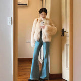Lazy Wind Blue High-Rise Horn Jeans Women 2025 Autumn And Winter Hottie Slim Slim Taut Long Trousers