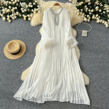 Autumn 2025 New Elegant Solid Dress Round Collared Loose Hair Splicing 100 Folding Long Dress