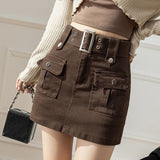 Curry Denim Short Skirt Women Spring And Summer Retro Temperament A-Word Skirt High Waist Slim Slim Skinny Ass Skirt Skirt