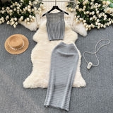 Hong Kong Style Retro Hottie Suit Women's Summer Short Vest Top With High Waist Half Skirt Knit Two Sets