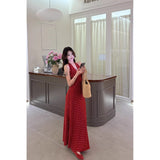 2025 Spring And Summer French Vintage Sweetheart V-Neck Red Wave Point Hanging Neck Dress With Vestȹ