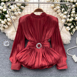 High-Level French-Style Waist-Low-Down Shirt Female Careful Machine Strap Design With A Chic Folded Lotus Leaves Hem French Top