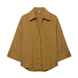 2025 Spring And Summer New Women's Fashion Casual Collar Striped Wide-Sleeved Shirt