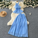 Holiday Style Suit Women's Summer French Waistless Sleeveless Hanging Neck Top High Waist Thin Half Skirt Two-Set