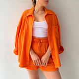 2025 Women's Wrinkle Collar Long-Sleeved Shirt High-Waisted Rope Shorts Fashion Casual Two-Piece Set