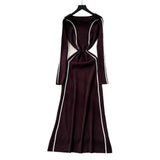 French High-End Sense Niche Fashion Side To Receive Waist Round Collar Long-Sleeved Sweater Dress Female Thin Dress