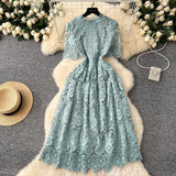 Vintage Elegant Heavy Industry Hollow Hook Water-Soluble Lace Dress Women's French Waist Thin Short Sleeve Dress