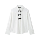 Velvet Bow Ornament Wave Point Printing Casual Shirt 2025 Spring And Summer Long-Sleeved Loose Women's Top