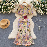 French High-End Elegant Heavy Industry Flower Embroidery Round Collar Lantern Sleeves To Close The Waist Slim Slimmed Fishtail Dress Dress