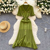 French Retro Style High-End Knitted Dress Women's Summer Lotus Side Single Buckle Design Temperament Luxury Dress