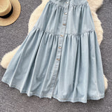 Light Ripe Wind Niche High-Grade Buckle Collar Sleeveless Roll-Lens Denim Dress Women's Summer Long Dress