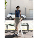 Spice Girls Wear Bow Print Hanging Neck Vest Women High Waist Design Screen Irregular Skirt