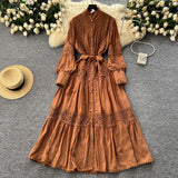 French High-End Retro Lace Splicing Pearl Single Buckle Thin Temperament Collar Lantern Sleeve Dress