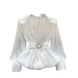 High-Level French-Style Waist-Low-Down Shirt Female Careful Machine Strap Design With A Chic Folded Lotus Leaves Hem French Top