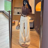 Korean Apricot High-Waist Plus Velvet Thin Straight Jeans Women 2025 Autumn And Winter Loose Commute Wide-Legged Trousers