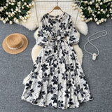French Retro Fashion Print Dress Women Loose Strap To The Waist Thin A Word Big Pendulum Long Skirt