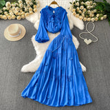 Gentle Style Pink Three-Dimensional Flower Collar Lantern Sleeve Shirt Lady Autumn High-Rise Dress Set