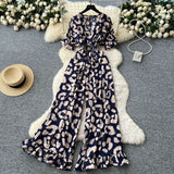 Summer Dress Holiday Wear Chic Light Leisure V Collar Short Sleeves Tight Waist High Waist Thin Leg Print Jump Trousers