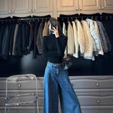 Hong Kong Style Retro Blue A Word Big Horn Jeans Women Autumn And Winter High-Waisted Loose Lazy Feet Long Pants
