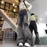 High Street Black And Gray Fashion Gradient Jeans Men And Women Retro Niche Design Sense Waist-Side Flared Trousers