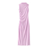 Women's Clothing 2025 Spring New Sleeveless Wrinkles Decorated Semi-High Collar Net Fan Flute Dress