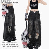 Vintage Multi-Pocket Work-Wear Ripped Jeans Women's Summer Design Feel Loose High-Rise Straight Broad Leg Pants