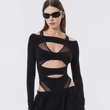 2025 Autumn Fashion Trend Women's New Long-Sleeved Hollow Body Open Umbilly Solid Color Conjoined