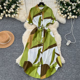 Printed Short-Sleeved Dress Women Autumn Polo Tie Straps To The Waist Design Small Chic Temperament Long Dress