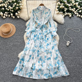 French Dress Women 2025 New Fashion Collar Single Buckle Waist Lace Splicing Lotle Side Print Dress