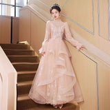 Pink Art Exam Evening Dress Woman 2025 New Long-Sleeved Light Luxury Small Temperament Long Banquet Host Ponpong Skirt