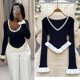 Clamming Striped Knitted Shirt Autumn Lotus Side Hem Horn Sleeves Slimmed Out Of The Bottom Coat
