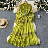 French Court Retro Elegant Dress Women's Collar Horn Sleeves To Close Single Buckle Lace Splicing Large Swing Dress