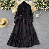 French High-End Retro Lace Splicing Pearl Single Buckle Thin Temperament Collar Lantern Sleeve Dress