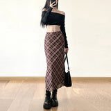 2025 Autumn New Women's College Style Retro Print Repair Height Waist Open Skirt