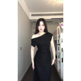 High-Grade Pure Desire Short Sleeves Slanted Shoulder Fork Dress Temperament Slimmed Fashion Temperament Shoulder Long Skirt