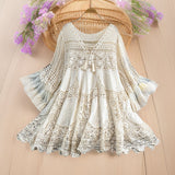 Yunnan Dali Tourism Holiday Dress Women New Gentle Wind Tied V Tie Horn Sleeve Hollow Knitting Short