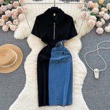Chic Port Style Retro Denim Dress Girl Design Bump Color Splicing In The Long Short-Sleeved Temperamental Dress