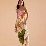 2025 Women's New Temperament Slanted Shoulder Open Fork Printing Summer Sling Dress Dress Dress Dress