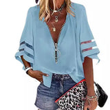 2025 New V-Neck Zipper Shirt Half-Horn Sleeve Grid Spliced Loose Casual Shirt For Women