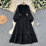Advanced Sense Of Elegant Lace Dress 2025 New Hollow Hooks Waist Lantern Sleeves Waist Waist Dress Dress
