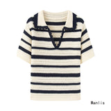 Ins Striped Knitted Short-Sleeved Woman Summer 2025 New Collar Polo Shirt Small Short Top