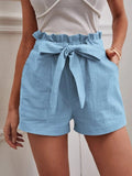 New 2025 Summer Women's Loose Flax Leisure Shorts Pocket Solid Colored High-Rise Broad Legs