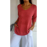 Knitted Casual Sweater Basic Thin V-Neck Seven-Sleeve Solid Female Bottoming Shirt Ice Cream Color