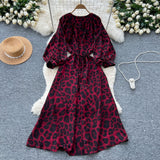 French Retro Niche Print Dress Woman 2025 Autumn Strap To The Waist Round Lantern Sleeves Thin Dress
