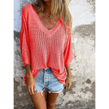 Special For The New T-Shirt Women's Hollow Long-Sleeved Knitted Shirt Languid Style Design V Collar Sunscreen Sexy Wind